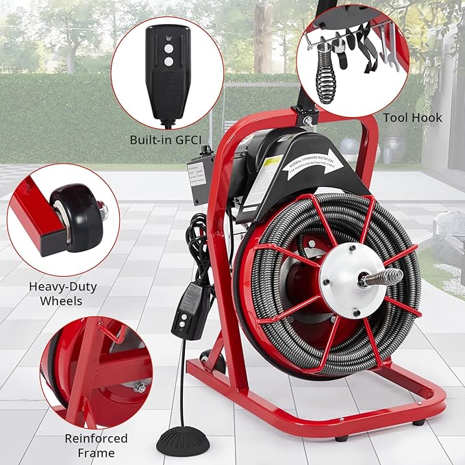 GarveeLife 75 ft 1/2 in Electric Drain Cleaner Machine Auto Feed Drain Auger for 1 to 4 in Pipes Professional Sewer Snake with 4 Cutters Gloves Heavy Duty Clog Remover