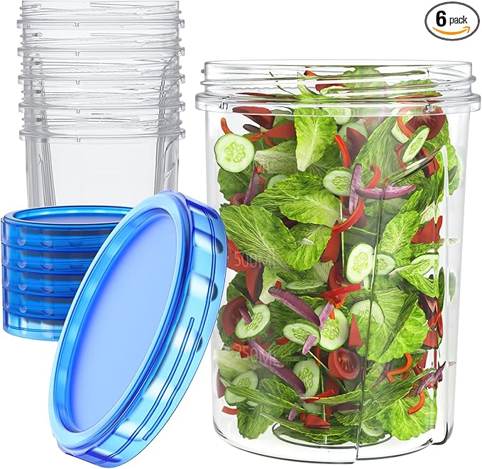 [32 oz 6 Pack] Food Storage Freezer Containers Clear bottom With blue Twist Top Lids Reusable, Plastic Airtight Meal Prep Containers BPA Free