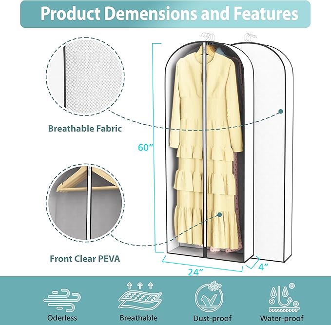 Liuoud 60” Garment Bags for Hanging Clothes 4” Gusseted - with Clear Window, Breathable Fabric, Metal Zipper, Suit Coat Long Dress Protector for Clothes Closet storage, Season Off, Moving, 5 Pack