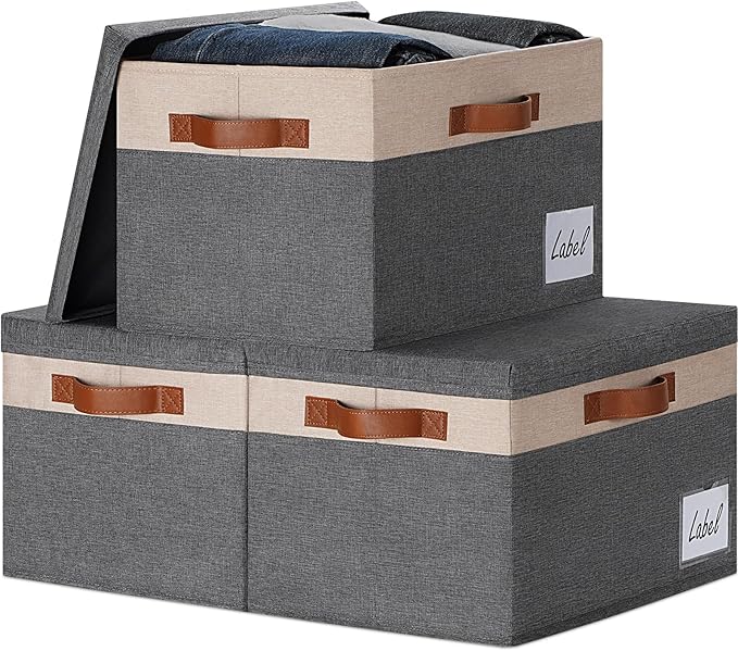 Fabric Storage Bins with Lids 3 Pack, Beige, 15" x 11" x 9.7"