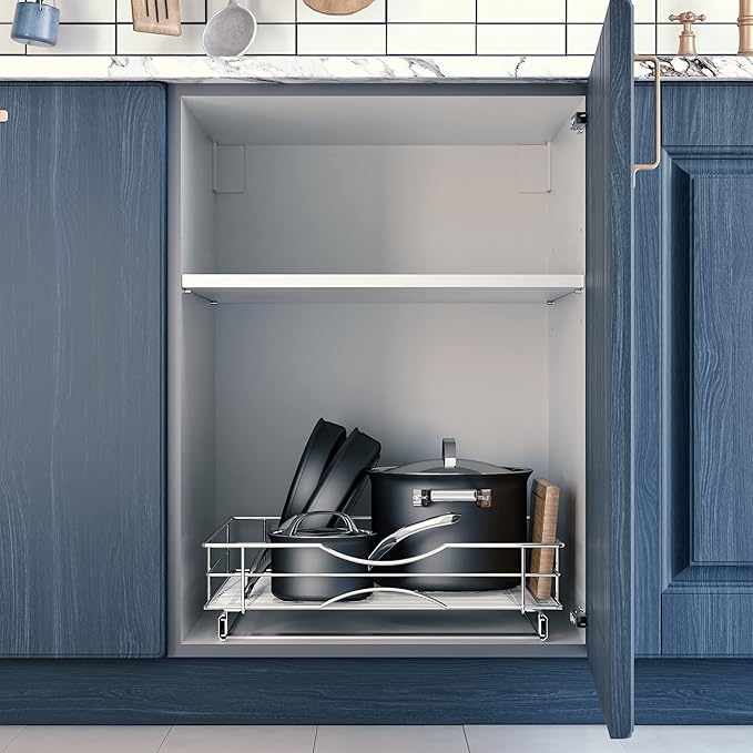 Home Zone Living Pull Out Kitchen Cabinet Organizer with Slide Out Drawer for Space Saving Storage, 20” W x 21” L