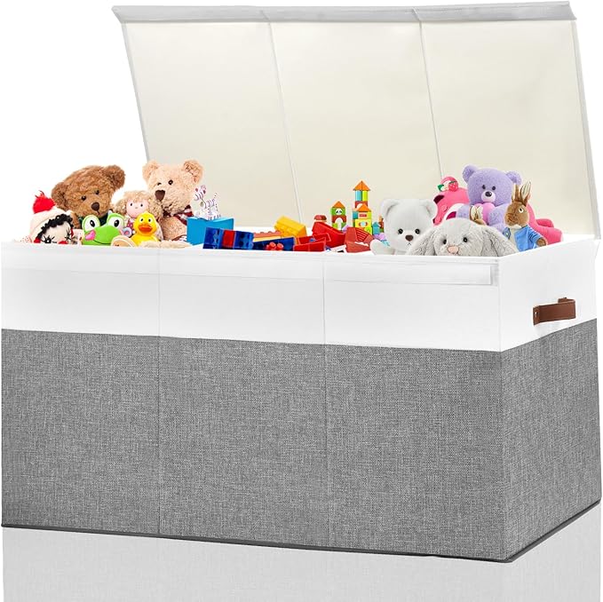 Gowee Extra Large Toy Storage Box with Lid, Sturdy Toys Storage Chest Bin Organizer Basket with Dividers for Kids, Boys, Girls, Nursery, Closet, Bedroom, Playroom 35.5"x17" x17"(Grey and White)