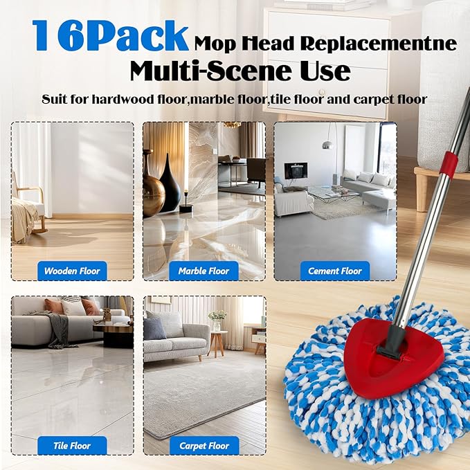 Spin Mop Replacement Set for O-Ceda RinseClean 2-Tank System, 16 Microfiber Spin Mops Refills,1 Scrubber Head,1 Triangle Spin Base,and(31-63in) Adjustable Handle Set Combo