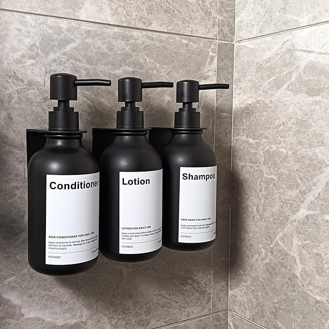 Shampoo Dispenser for Shower Wall, Shampoo and Conditioner Dispenser with 16 Waterproof Labels, Shower Dispenser 3 Chamber No Drill, Shower Soap Dispenser Wall Mounted for Bathroom, 17oz, Black