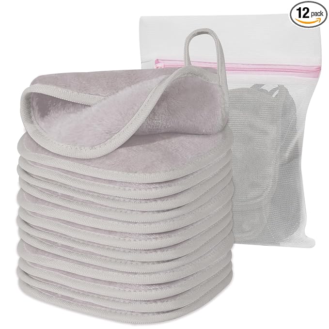Natwag Makeup Remover Cloth, 6" x 6" Make Up Towels Reusable Face Cloth for Washing Face, 12 Pack Makeup Remover Pads Microfiber Face Washcloth with Mesh Bag, Light Grey