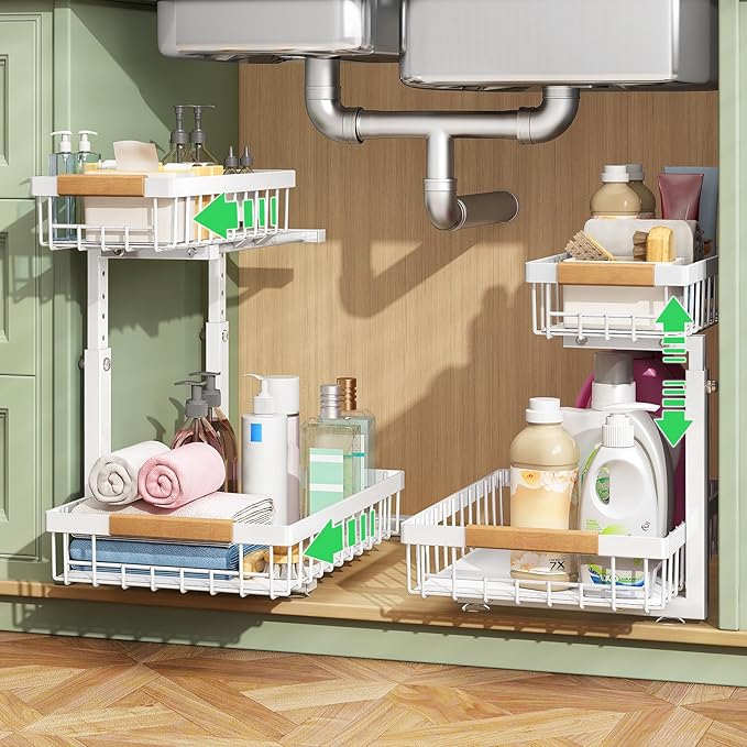 Kitstorack Under Sink Organizer, 2 Tier Under the Sink Storage, Slide out Pull out Cabinet Organizer Shelf