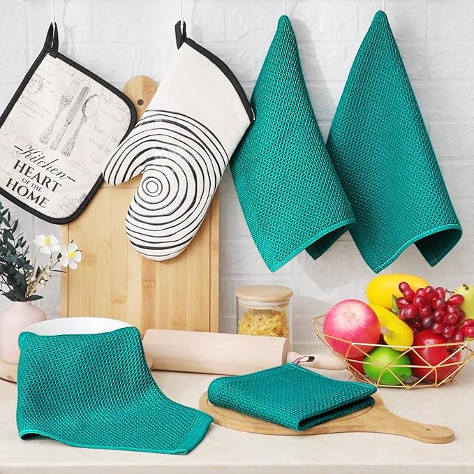 Homaxy 100% Cotton Waffle Weave Kitchen Dish Cloths, Ultra Soft Absorbent Quick Drying Dish Towels, 12 x 12 Inches, 12-Pack, Teal
