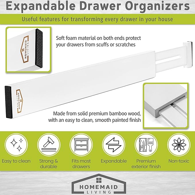 Homemaid Living Bamboo Drawer Dividers, Adjustable & Expandable, 4 Pack, White