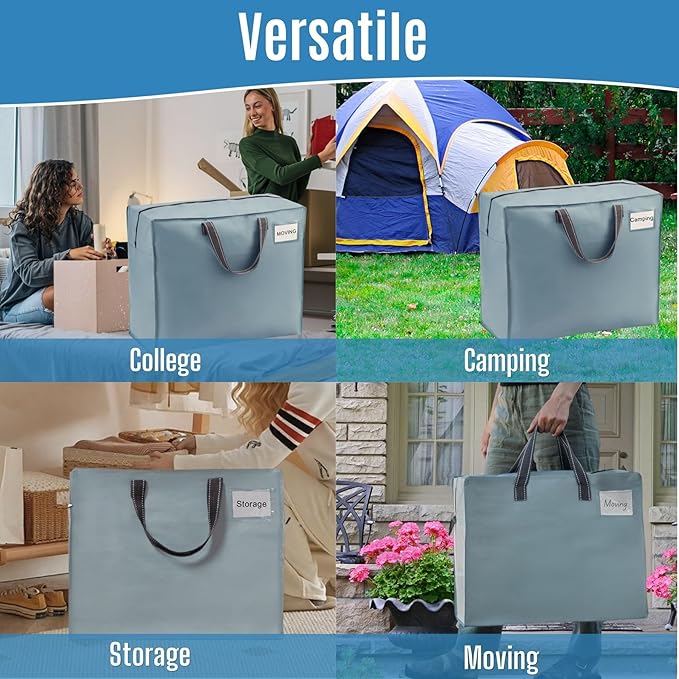 VENO 4 Pack Heavy Duty Moving Bags, Storage Bags, Packing Supplies, Top Zipper, Storage Totes for Camping, Clothes, Bedding, Comforters, Pillows (13 Gallon Light Blue, 4 Pack)