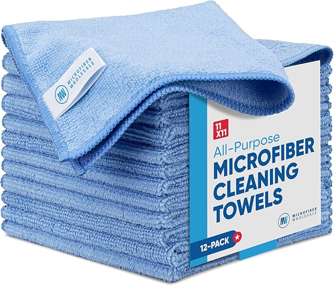 Microfiber Wholesale Cleaning Cloths | 12 Pack | 11" x 11" Reusable Towels, Wash Rags, Dust Cloth, All-Purpose: Kitchen, Dish, Cars, Shop, Glass (Blue)