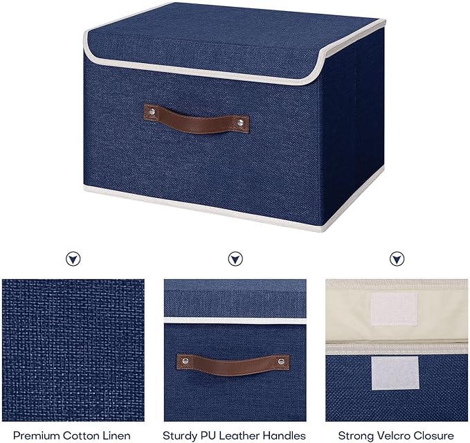 ANMINY Storage Bin with Lid Storage Boxes with PU Leather Handles PP Plastic Board Decorative Foldable Lidded Cotton Linen Fabric Home Cubes Baskets
