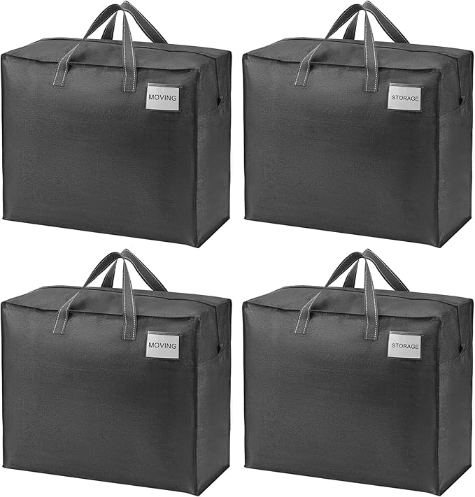 VENO 4 Pack Heavy Duty Moving Bags, Storage Bags, Packing Supplies, Top Zipper, Storage Totes for Camping, Clothes, Bedding, Comforters, Pillows (22 Gallon Dark Gray, 4 Pack)