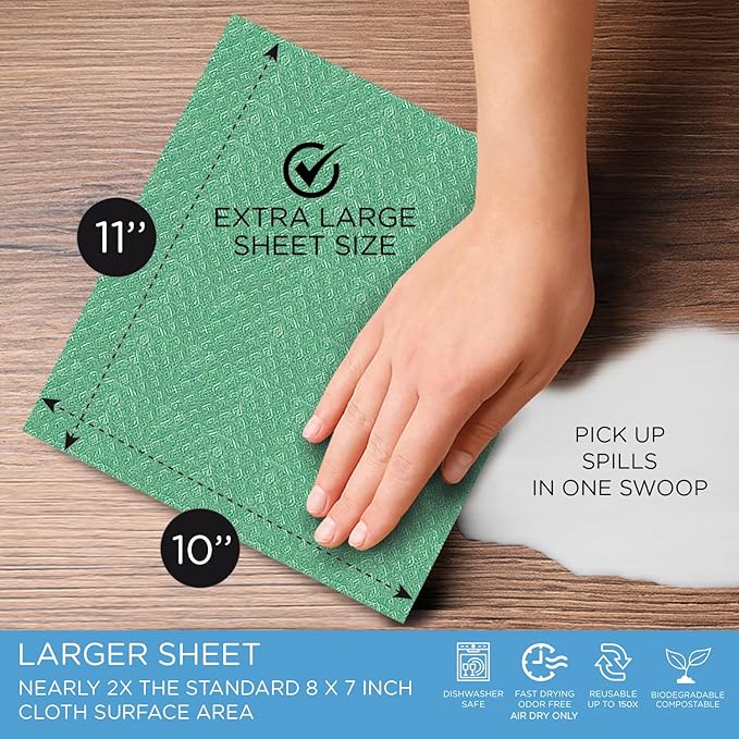 Swedish Dishcloths for Kitchen XL, 30 Sheet Roll, Biodegradable & Compostable, Reusable Paper Towel Cleaning Cloths, 11" x 10", No Odor, Washing Dishes, Ultra Absorbent Cellulose Sponge Towel, By LOLA