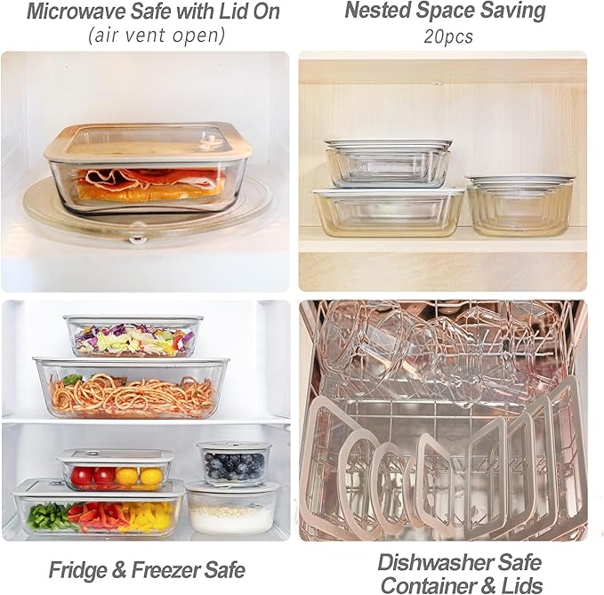 Glass Food Containers with Glass Lid, Microwave Safe Food Storage Container Set, 3 Pack, Square Shape, Food Containers with Lids