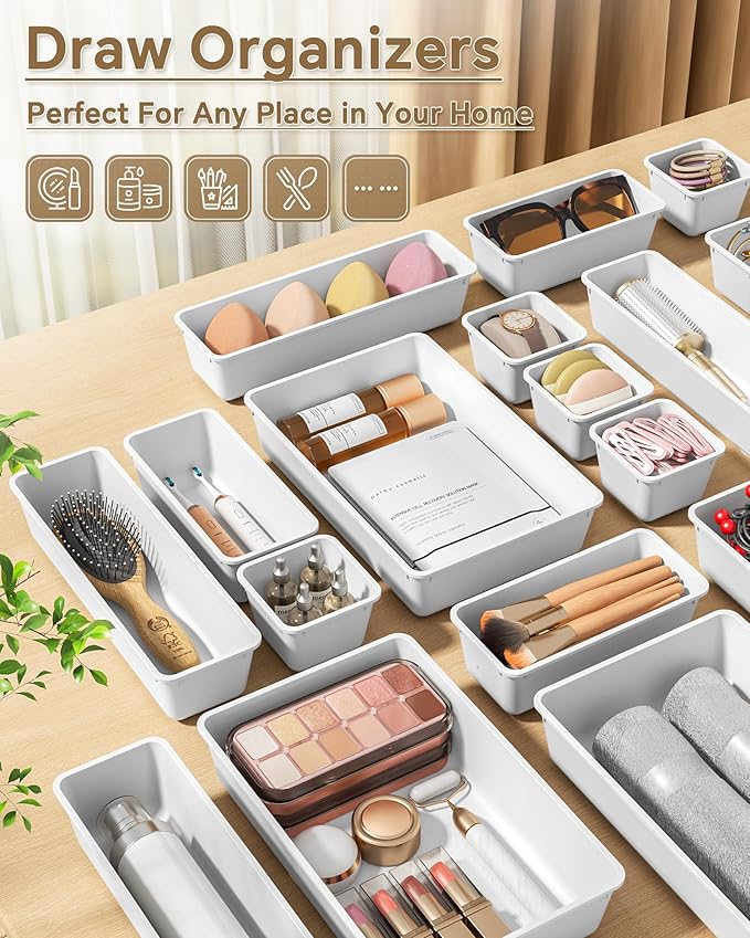 25 PCS Plastic Drawer Organizers Set, 4 Sizes Vanity Organizer, White