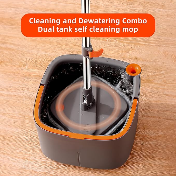 Spin Mop and Bucket Set with Self Separation Dirty and Clean Water System with 6pads, Square Mop Bucket Self Wringing 360° Rotating Clean Floor Mop-Head for Hardwood Tile Marble Floors-6Pads