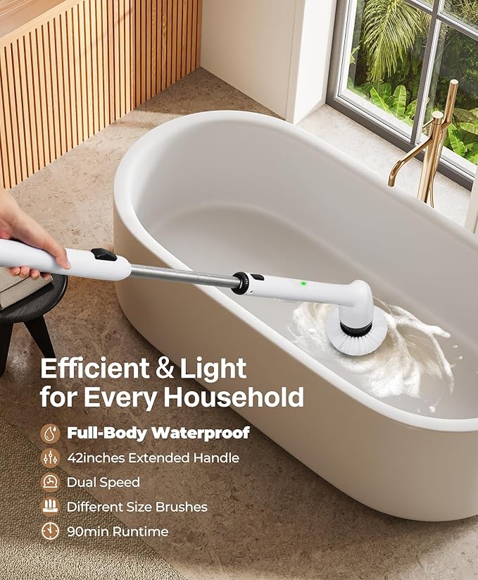 LyriFine Electric Spin Scrubber, New Full-Body IPX7 Waterproof Bathroom Cleaner Brush, Shower Scrubber with Long Handle & 2 Speed, Heads Replacement, Cleaning Supplies for Tub Shower Tile Floor