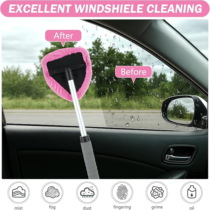 8 Pcs Car Window Cleaner Kit Triangle Shape Include Windshield Cleaning Tool with Extendable Handle 5 Microfiber Bonnets 1 Car Ventilation Brush 1 Empty 50ml Spray Bottle Glass Wiper Kits, Pink
