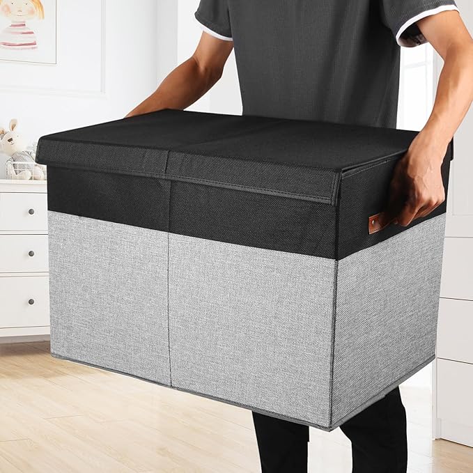 Gowee Large Toy Storage Box with Lid, Sturdy Toys Storage Chest Bin Organizer Basket with Dividers for Kids, Boys, Girls, Nursery, Closet, Bedroom, Playroom 25"x13" x16" (Black and Grey)