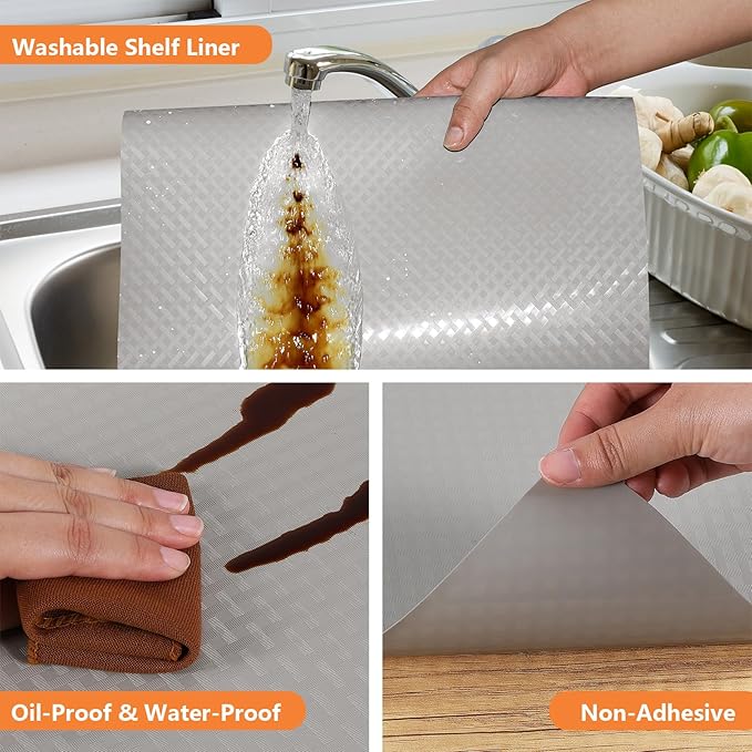 Light Gray Shelf Liners for Kitchen Cabinets Refrigerator Liners Waterproof & Oil-Proof Kitchen Cupboard Liner Drawer Mats EVA Material Non Adhesive Fridge Liner 17.5 x 236.2 Inches x 2 Rolls