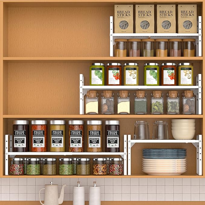 Cabinet Organizer Shelves,3 Pack of Expandable Spice Racks,Space Saving Storage Shelves for Kitchen,Pantry,Bathroom, Bedroom, Under Sink,Office,Table Surfaces & Counter,White Modern Style