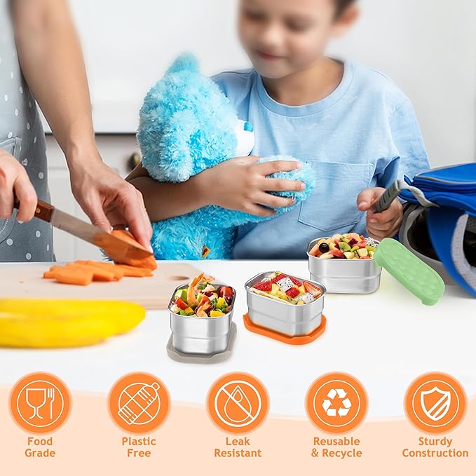 Homikit 3 Pack Snack Containers for Kids, 18/10 Stainless Steel Toddler Lunch Box with Silicone Lids