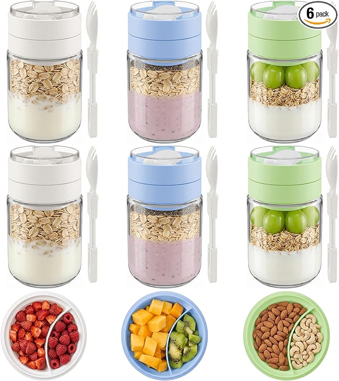 Vtopmart 6 Pack 16 oz Overnight Oats Containers with Lids, Folding Spoons and Divided Compartments, Airtight Leakproof, Glass Jars for Overnight Oats, Yogurt, Fruit, Chia Pudding, Meal Prep
