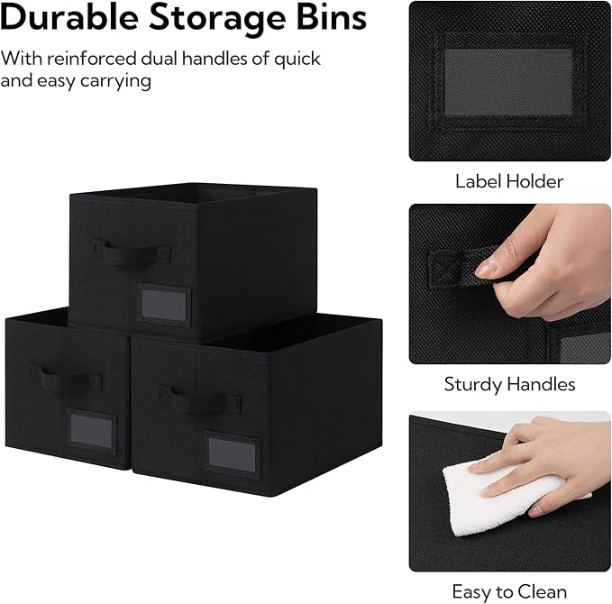 GRANNY SAYS Shelf Storage Bins, Fabric Storage Baskets for Closet and Clothes, Collapsible Storage Boxes with Handles, Decorative Storage Containers for Bedroom, Black, Medium, 3-Pack