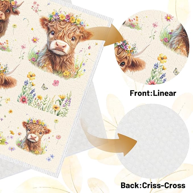 Swedish Dishcloths for Kitchen, 6PCS Floral Highland Cow Swedish Dish Cloths Gift Set, Reusable Washable Absorbent Dish Towel for Home Cleaning