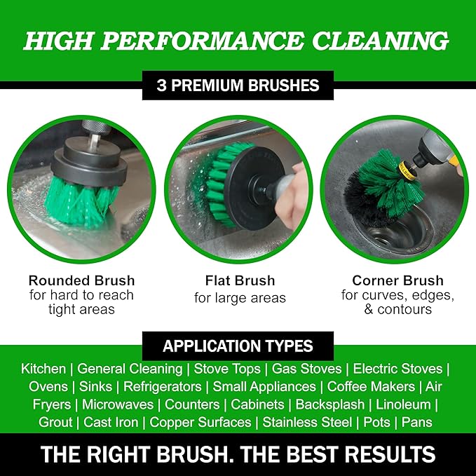 Drillbrush Green Kitchen Drill Brush Set – Drill Powered Cleaning Tools for Stainless Steel Sink, Copper Sink, Stove Top, Oven, Air Fryer & Cabinets – Must-Have Kitchen Accessories for Fast Cleaning