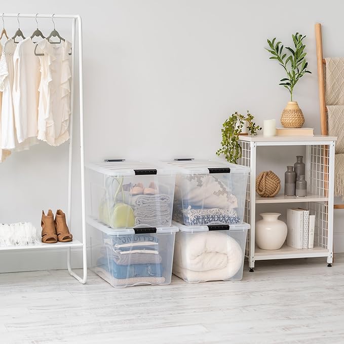 IRIS USA 72 QT Plastic Storage Box with Lid and Latches - 4 Pack - BPA-Free, See-Through Organizing Solution, Durable Nestable Stackable Containers, Secure Pull Handle - Clear