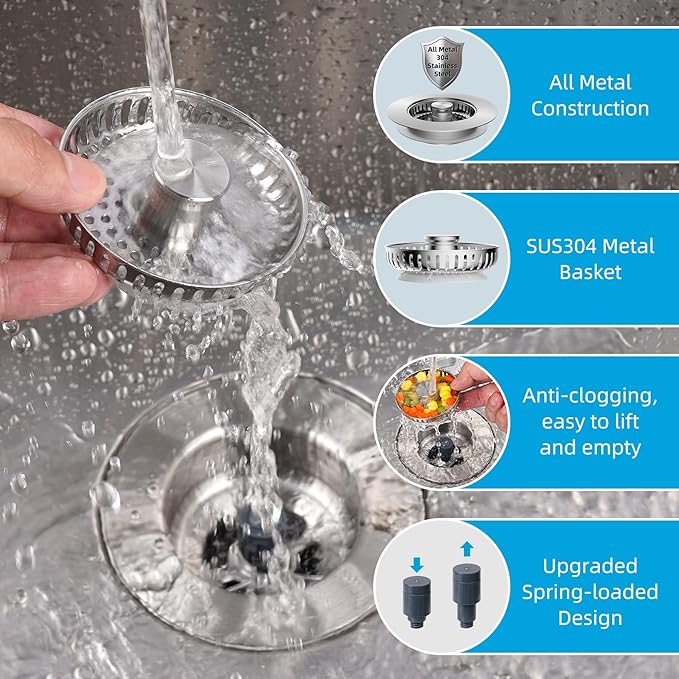 Hibbent All Metal Stainless Steel 3 in 1 Kitchen Sink Drain Strainer, Upgraded Anti-Rust Sink Stop Combo, Anti-Clogging Stainless Steel Basket Strainer with Metal Handle for US Standard 3-1/2" Drain