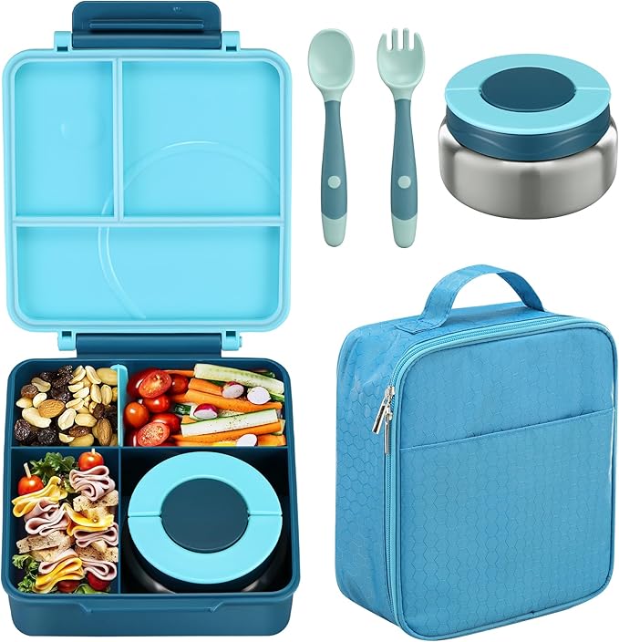 Bento Lunch Box Set for Kids with 8oz Soup Thermo, Leak-Proof Lunch Containers with 4 Compartment