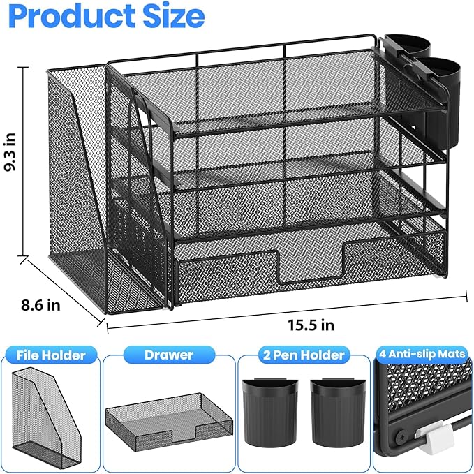 OPNICE Desk Organizer, 4-Tier Desktop File Organizer with Drawer and 2 Pen Holders, Office Desk Accessories, File Sorters
