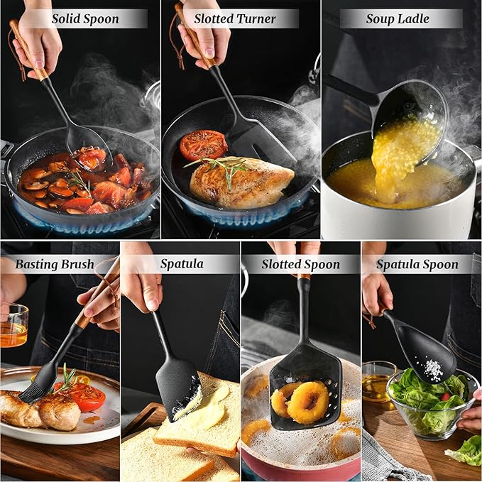 Silicone Cooking Utensils Set, 7PCS Silicone Kitchen Utensils with Wooden Handles, Heat Resistant Spatula Spoon Turner with Hanging Rope,Gadgets Utensil Set for Non-Stick Cookware BPA Free (Black)
