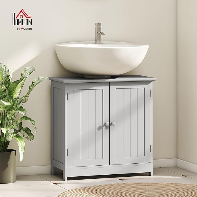 HOMCOM Under Sink Bathroom Cabinet, Pedestal Sink Storage Cabinet with 2 Doors, Shelf and U-Shape, Light Gray