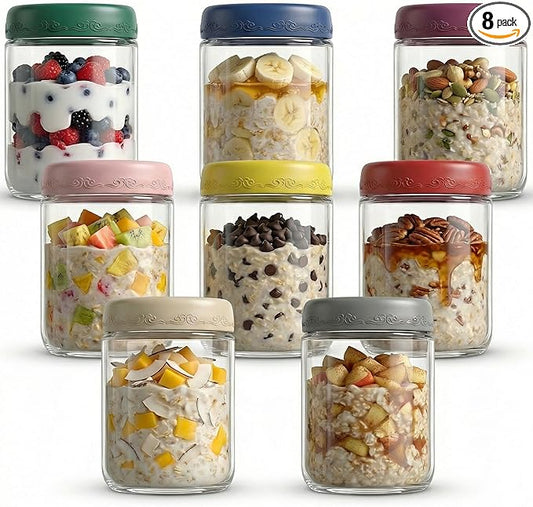 16 OZ Overnight Oats Jars with Lids 8 Pack, Glass Meal Prep Containers, Reusable Food Storage Jars, Airtight Mason Jars for Breakfast, Yogurt Parfait, Salad, Smoothies(8 Pack)