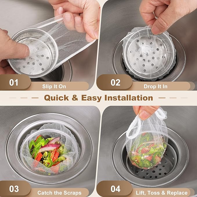 500 Pack Kitchen Sink Strainer Mesh Bags – Anti-Clogging Disposable Sink Drain Covers that Trap Food Scraps, Leftovers