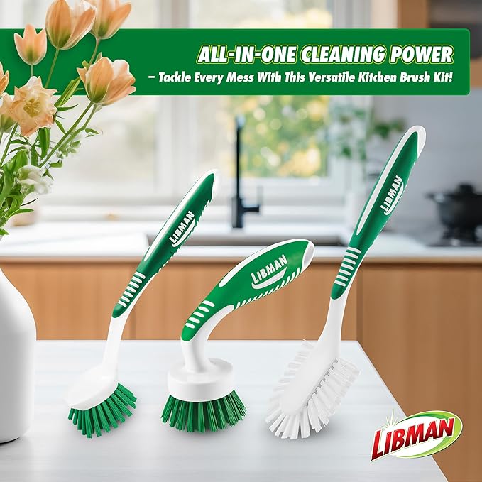 Libman Green & White Cleaning Brush Kit, 3-Piece Set, All-Purpose Brushes for Kitchen, Basins, Sinks, Dishwashers