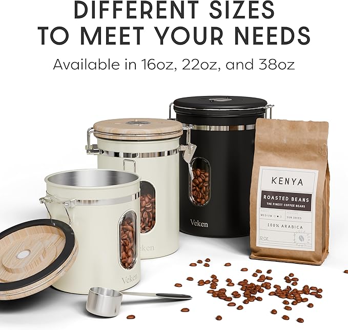 Veken Coffee Sugar Canister with Window, Airtight Stainless Steel Kitchen Food Storage Container with Lids, Date Tracker and Scoop for Grounds Coffee
