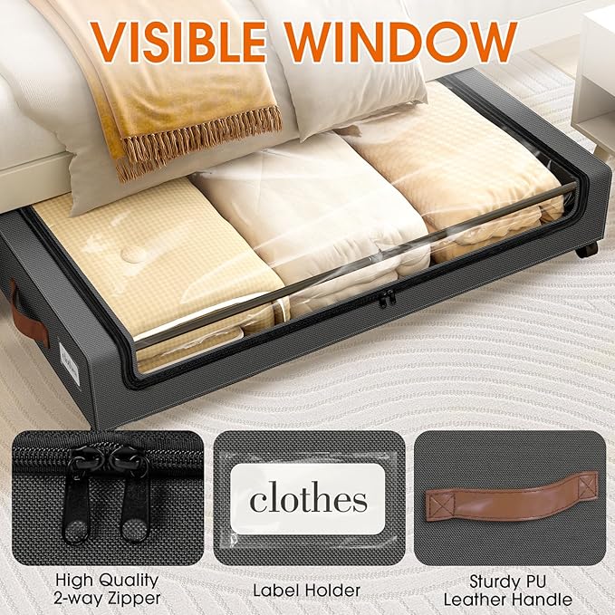 SpaceHacks Under Bed Storage with Wheels 1Pack Storage Containers with Clear Window&Label Under Bed Drawers Rolling Under Bed Storage for Clothes