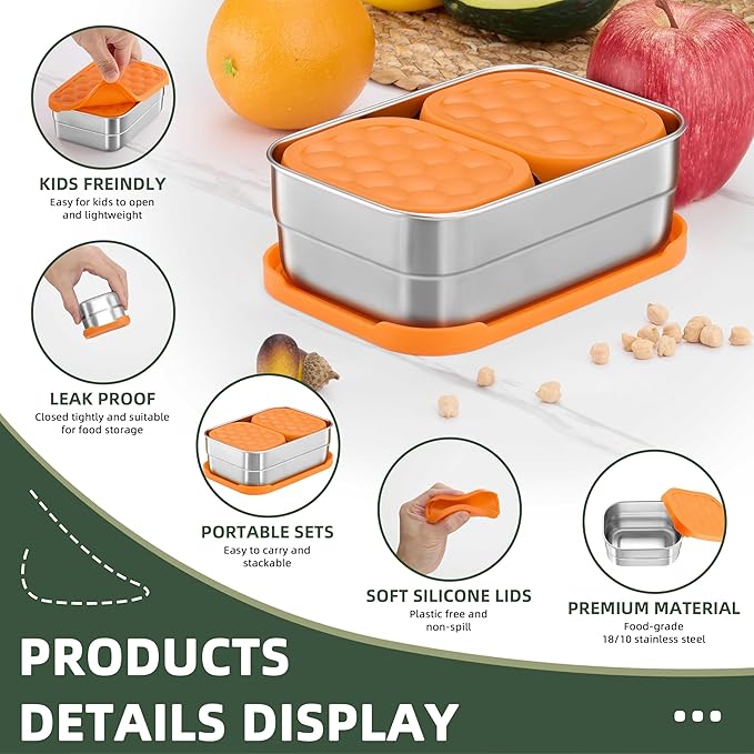 HaWare 8oz*2+25oz Stainless Steel Lunch Containers, Leak Proof Food Storage Snack Containers with Silicone Lids, Portable Sandwich Containers