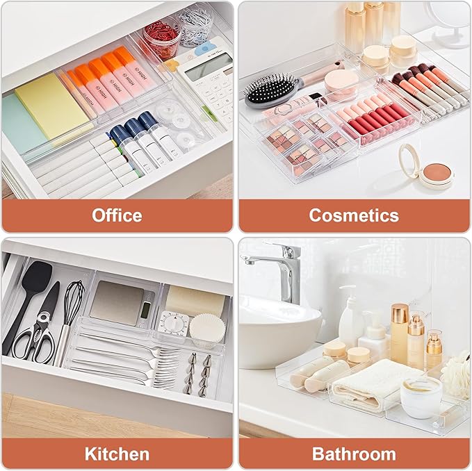 SMARTAKE 6 PCS Clear Plastic Drawer Organizers Set, Large Size Non-Slip Desk Drawer Organizer