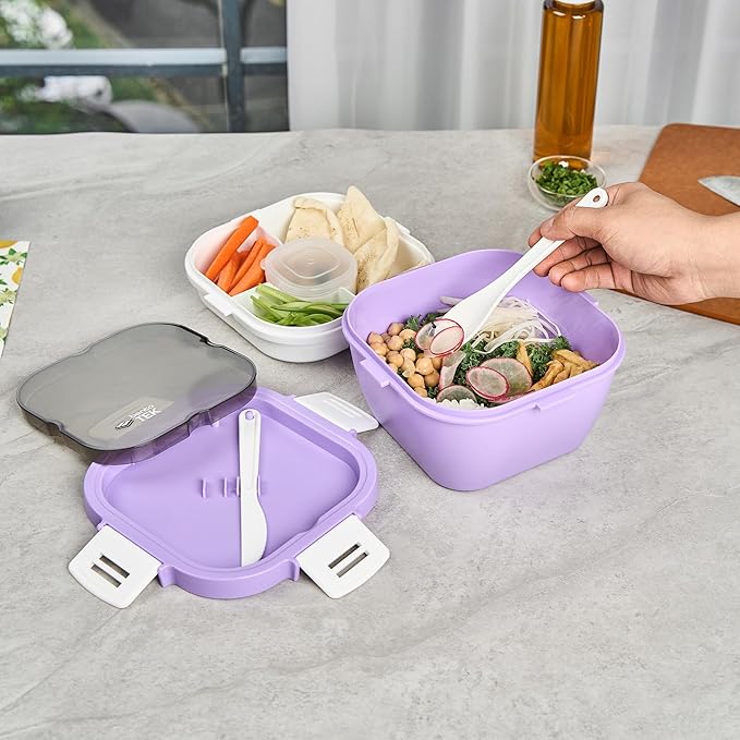 Restaurantware-Bento Tek 57.5 Ounce Bento Box, 1 Reusable Lunch Container - With Fork And Knife, Does Not Contain BPA, Purple And White Plastic Reusable Lunch Box, Microwavable, Dishwashable
