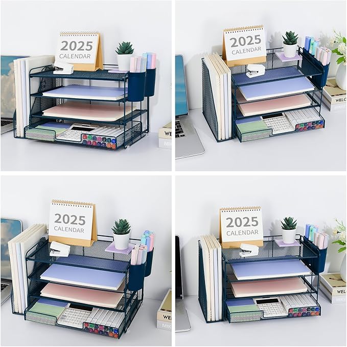 OPNICE Desk Organizer, 4-Tier Desktop File Organizer with Drawer and 2 Pen Holders, Office Desk Accessories, File Sorters