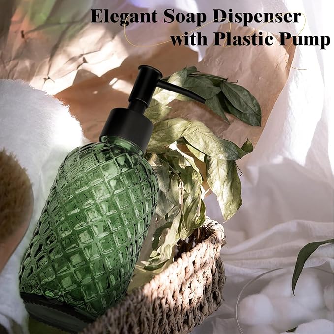 13.5Oz Gem Design Soap Dispenser with Plastic Pump, Refillable Glass Soap Dispenser for Hand Soap, Dish Soap, Lotion (Army Green)