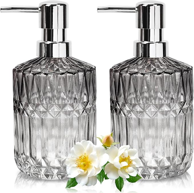Glass Soap Dispenser with Plastic Pump, 2 Pack 12oz Gradient Diamond Hand & Refillable Lotion Dispenser & Dish Bathroom Soap Dispenser for Liquid, Shower Gel