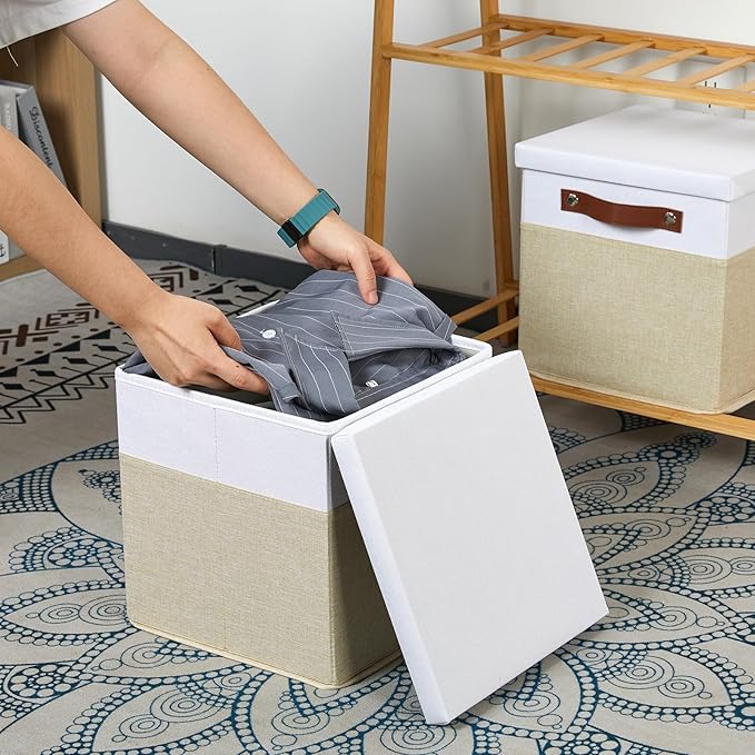 Foldable Fabric Storage Bins with Lids, White&Khaki, 10.5x10.5x10.5in