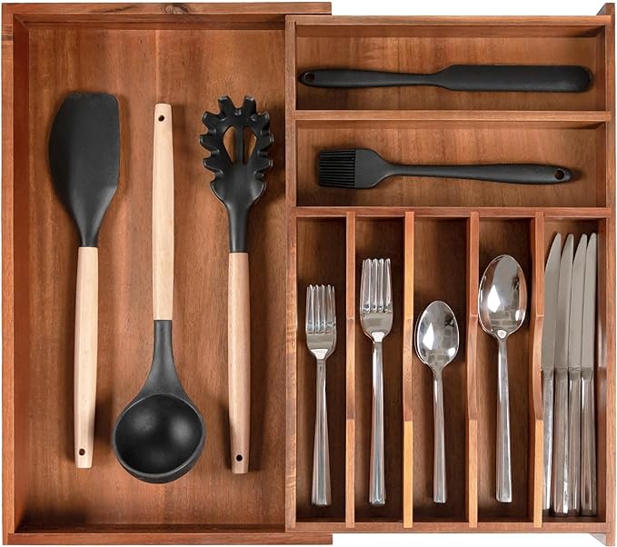 KitchenEdge Premium Silverware, Flatware and Utensil Organizer for Kitchen Drawers, Food-Safe Contract Grade, Expandable from 10.5 to 19 In, Natural Acacia
