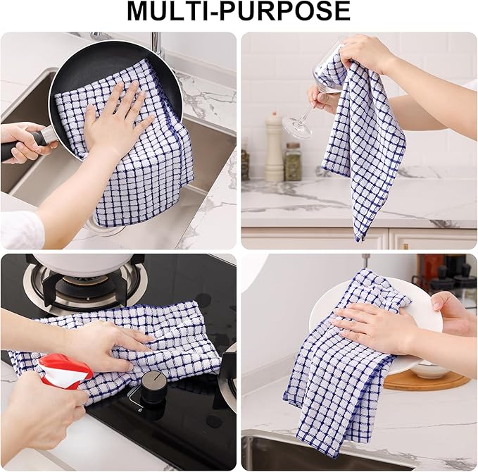 Kitinjoy Cotton 16 Pack Kitchen Towels and Dishcloths Sets, 16 x 25 Inch & 12 X 12 Inch Dish Towels Bulk, Super Soft and Absorbent Hand Towels for Kitchen Drying, Blue